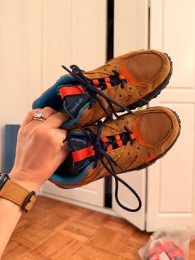 Reebok Tan Suede and Neon Orange with Bright blue Trail Sneakers